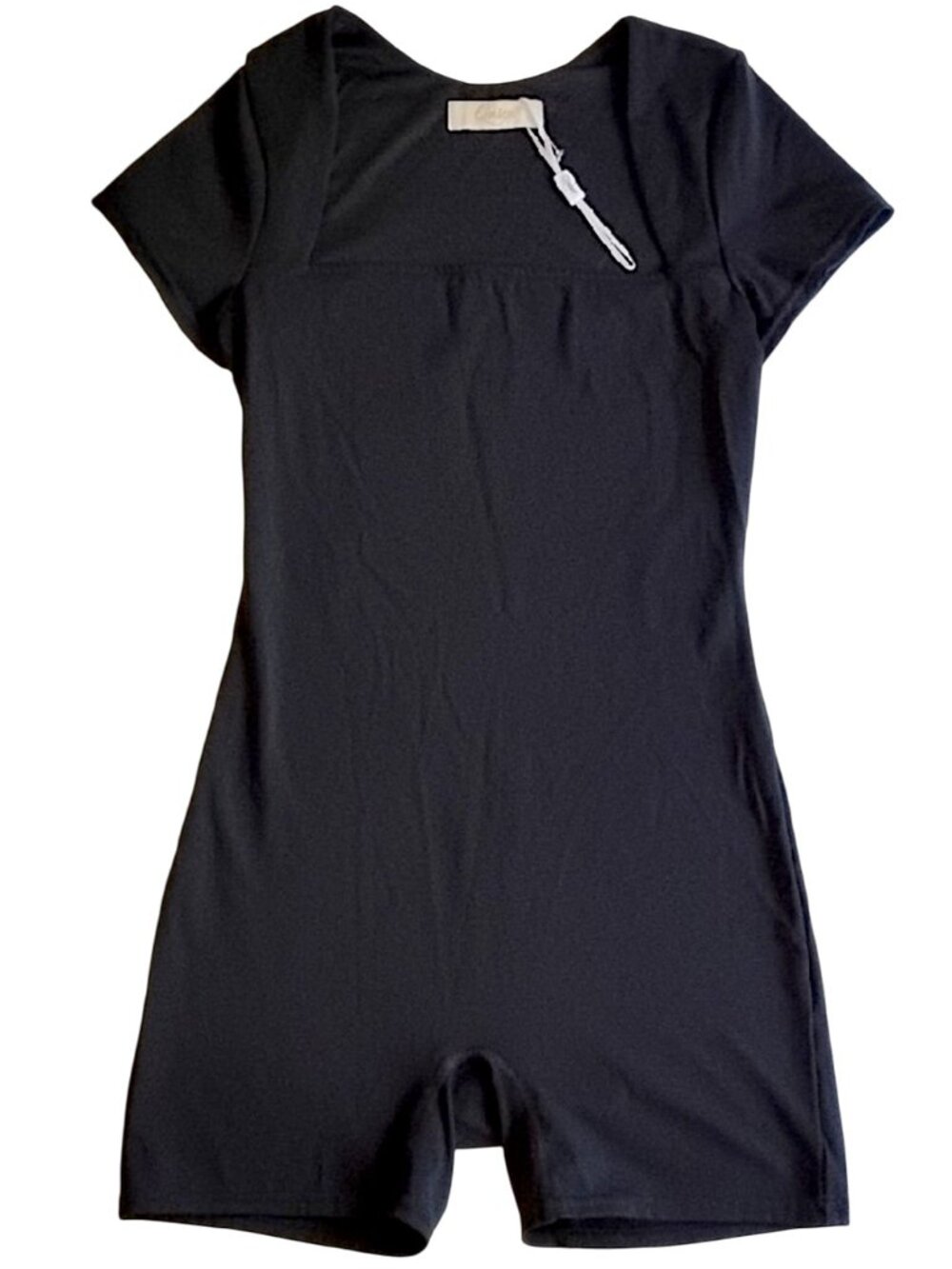 Qinsen Square Neck One Piece Romper M Biker Shorts Bodysuit Black